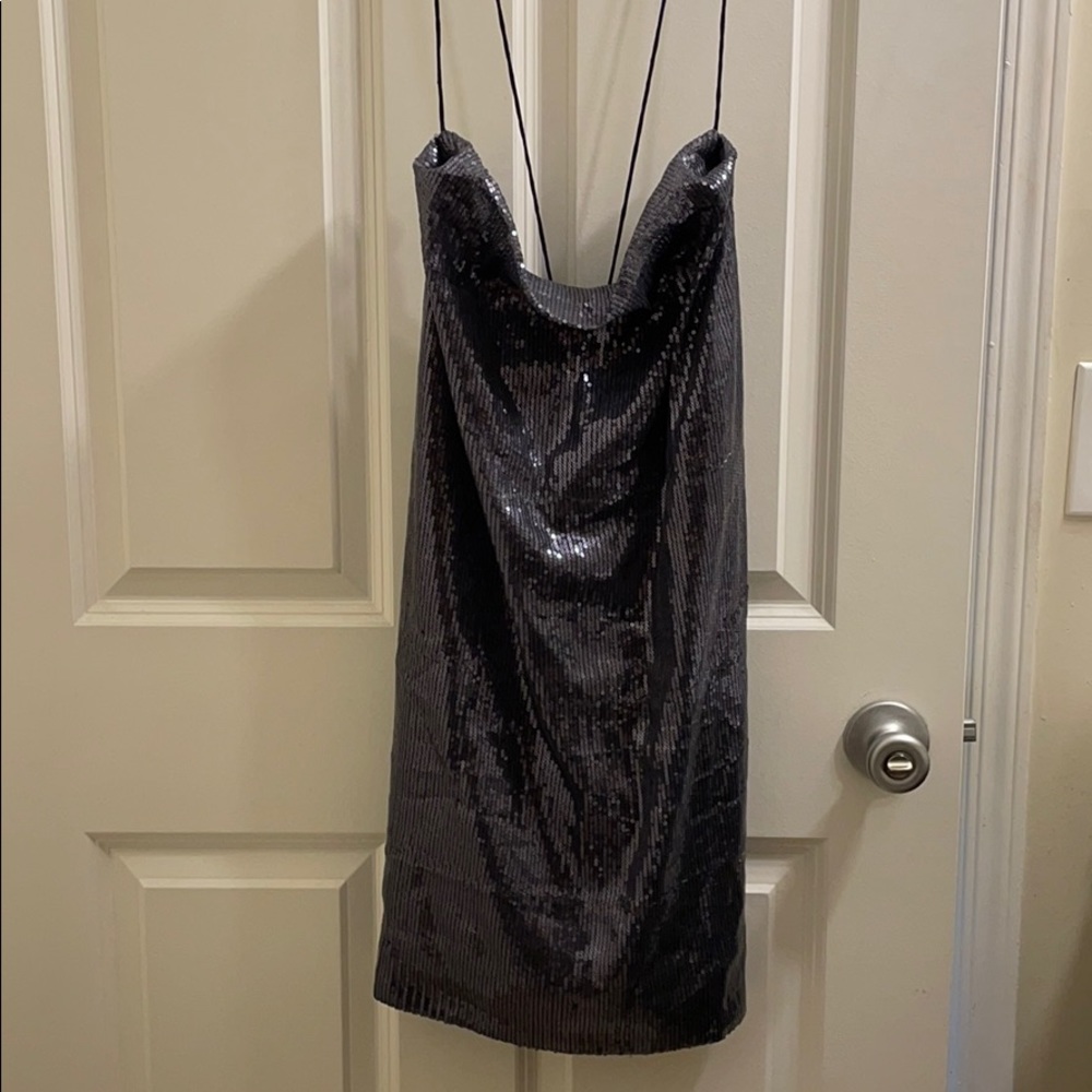Darb Blue Sequin Cowl mini dress with low back